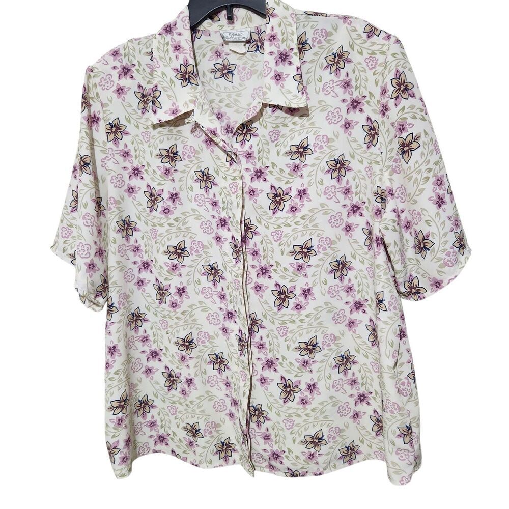 Classic Collection Shirt 1X White Floral Hidden Buttons Lightweight